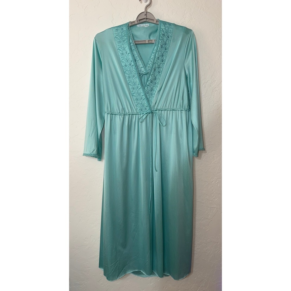 Vintage MW Loungewear Turquoise Blue Nylon Embroidered Robe and Nightgown Set